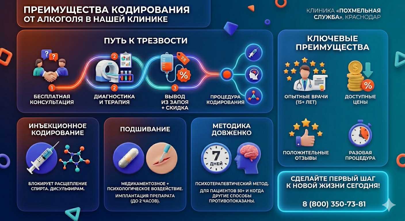 Инфографика о методах кодирования от алкоголя в Калязине: инъекции, подшивание, метод Довженко. Преимущества клиники и этапы лечения.