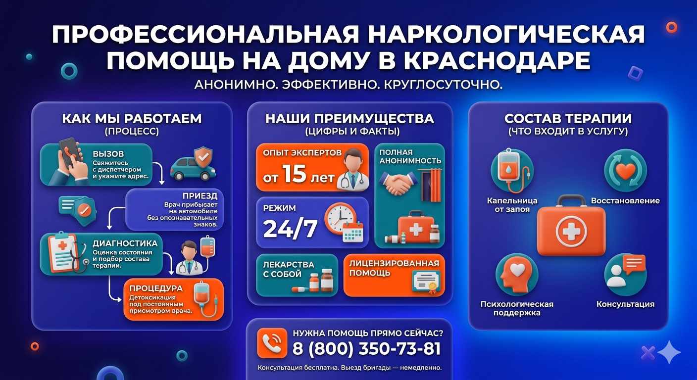 Инфографика о принципах лечения алкоголизма на дому в Калязине: этапы вызова нарколога, преимущества анонимной детоксикации и состав медицинской помощи.